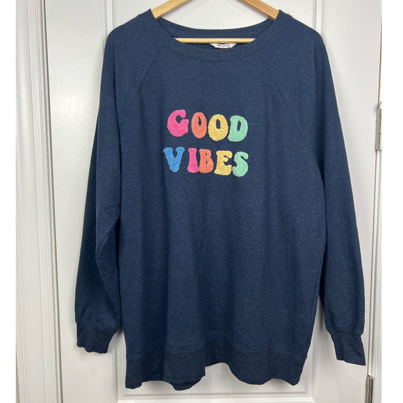 Wildfox Good Vibes SOFT Long Sleeve Navy Blue Graphic Sweatshirt Women's Large - Picture 2 of 8